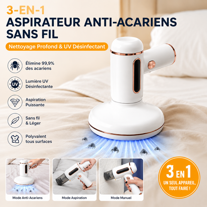 3-en-1 Aspirateur Anti-Acariens Sans Fil – Nettoyage Profond & UV Désinfectant